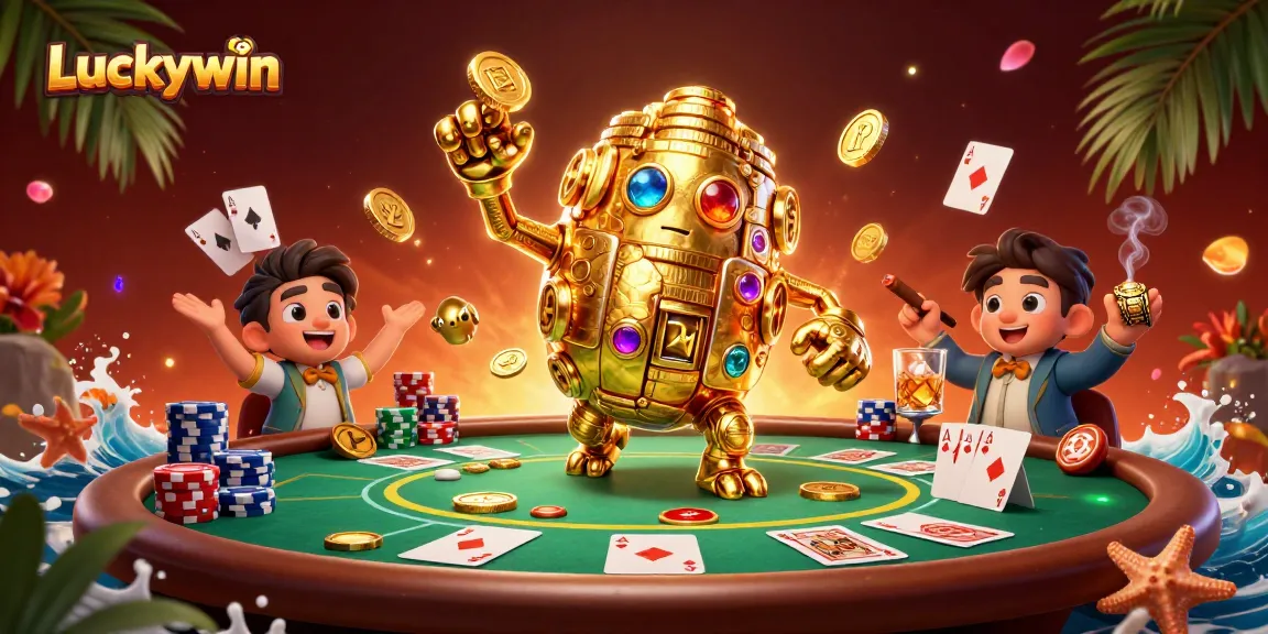Experience thrilling gameplay at Luckywin with a dynamic poker scene featuring a golden golem and rich game elements.