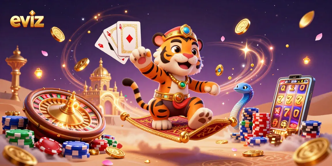 eviz showcases a tiger sultan on a flying carpet amidst casino elements, enchanting the gaming experience.