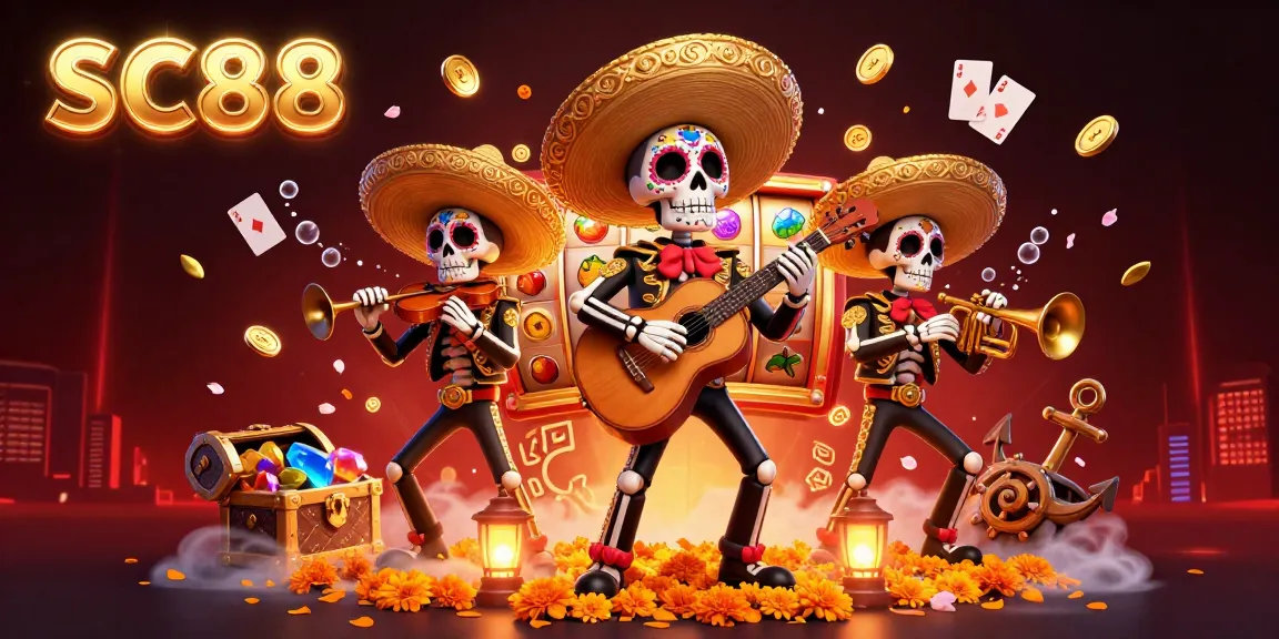 Engage with SC88's vibrant casino world, featuring Dia de los Muertos skeleton musicians amidst gold coin jackpots.