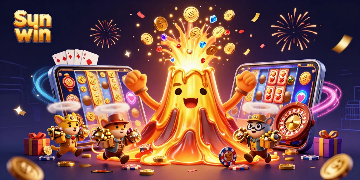 Experience the thrill of Sun win with vibrant visuals and treasures erupting in a dynamic casino setting.