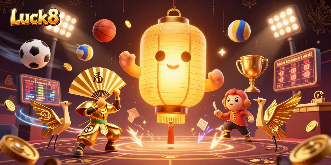 Experience Luck8's excitement with a golden lantern spirit and dynamic sports elements in a vibrant casino scene.