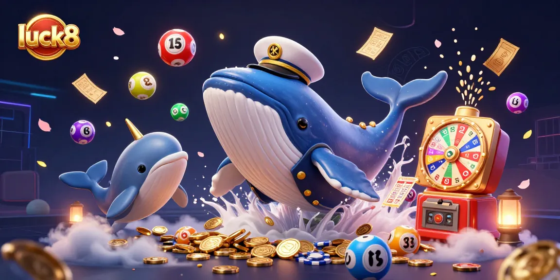 Experience the excitement of luck8 with a vibrant 3D casino scene featuring a whale, narwhal, and dolphins amidst falling lottery balls.