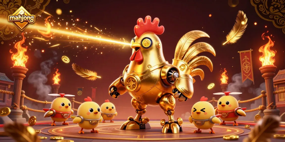 Engage in mahjong excitement with a futuristic golden rooster robot amid vibrant casino elements.