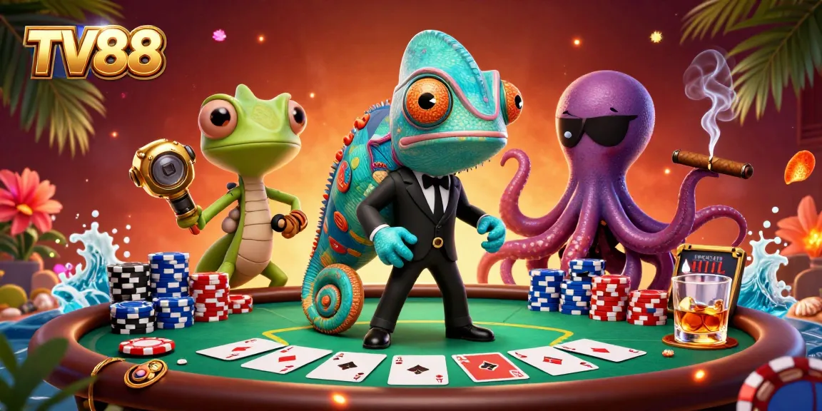 Engage in thrilling poker action at TV88 with characters showcasing winning hands