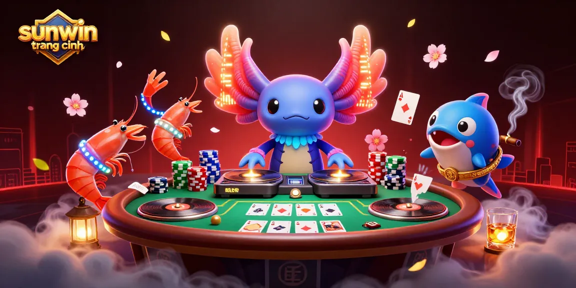 Experience the vibrant excitement of sunwin trang chính with a dynamic casino scene featuring a DJ axolotl and glowing shrimp.
