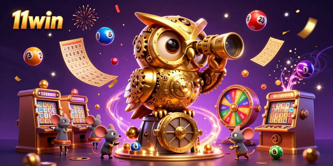 Experience the gaming excitement at 11win with detailed illustrations of slots and lottery elements.